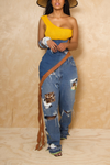 Yellow sweater Denim Vintage Asymmetrical top (S/M)