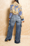 *Mixed Print Crossover Front-Tie Linen Shirt (S)