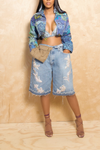 Denim Custom Embellished Beaded elastic wide leg Bermuda shorts