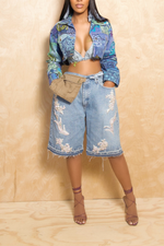 Denim Custom Embellished Beaded elastic wide leg Bermuda shorts