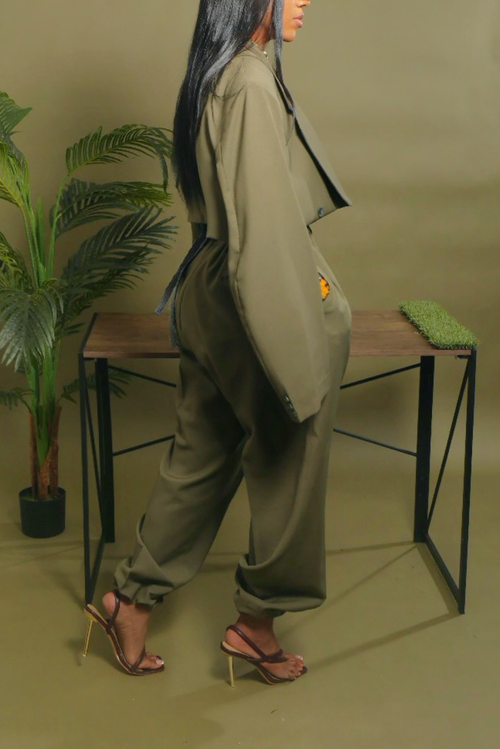 Light olive green jogger crop blazer set