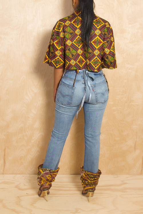 Jungle maroon African denim cuff jeans