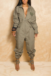 *Olive Light Green Long sleeve/Short Sleeve zipper Jumpsuit