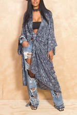 Blue sheer snake skin animal print Kimono with scarf