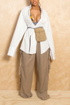 Khaki elastic waist wide leg fringe pants
