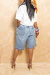 Denim Custom Embellished Beaded elastic wide leg Bermuda shorts