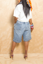 Denim Custom Embellished Beaded elastic wide leg Bermuda shorts