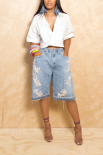 Denim Custom Embellished Beaded elastic wide leg Bermuda shorts