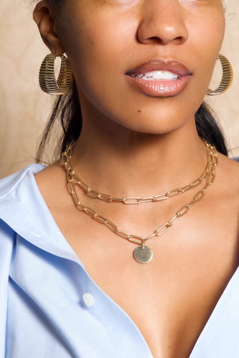*Paperclip Gold Coin Pendant Necklace 2 piece Set