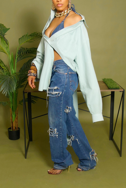 Mint green cut off boyfriend button up shirt