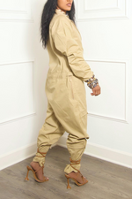 Khaki Long Sleeves / Short Sleeves zipper Jumpsuit