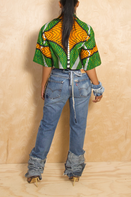 Dark cuffed patchwork hole distressed Levi jeans (Tall Girl Friendly)