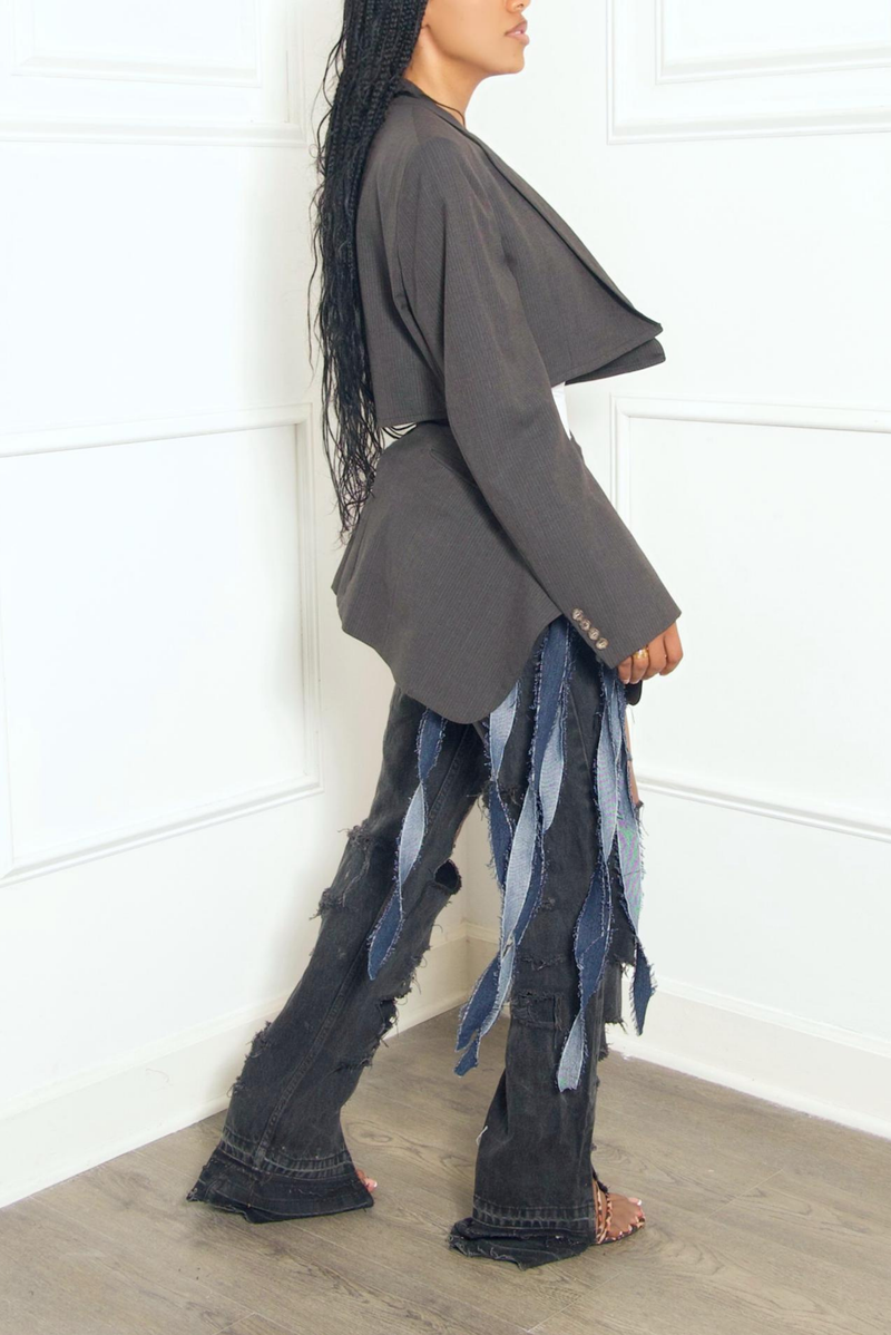 *Gray blue stripes Vintage Two piece suit Denim fringe - FINAL SALE