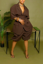 Dark brown belted short sleeve backless blazer set M/L