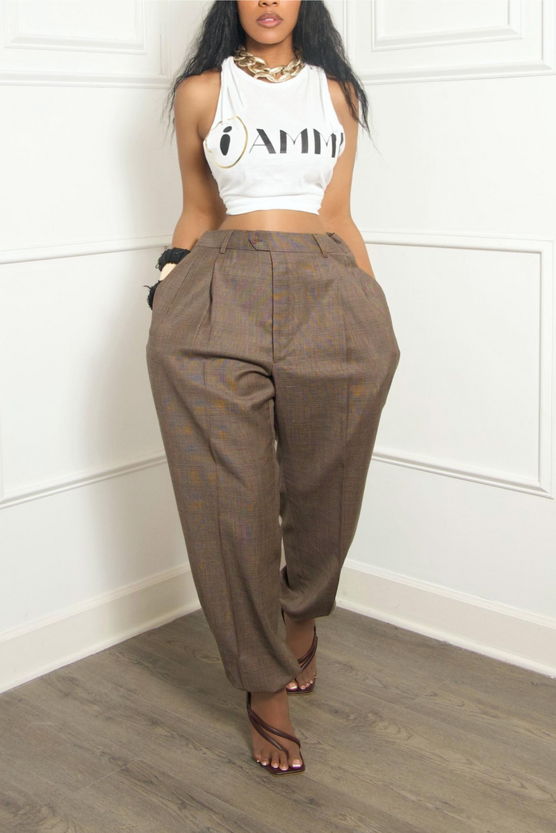 Brown plaid elastic waist jogger slacks (S/M)