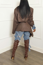 Dark Brown Silk Vintage Two piece suit Denim fringe