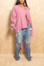 *Pink cut off boyfriend button-up shirt L/XL