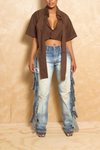 *Brown short sleeve lapel crop top (S/M) - FINAL SALE