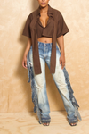 *Brown short sleeve lapel crop top (S/M) - FINAL SALE