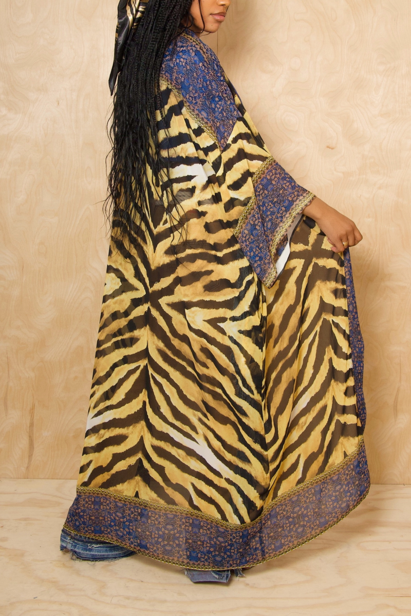 Blue Golden Tiger print Kimono with scarf