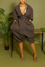 Brown pinstripe short sleeve backless belted blazer set M/L