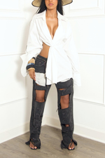 White  button up split crossover Shirt