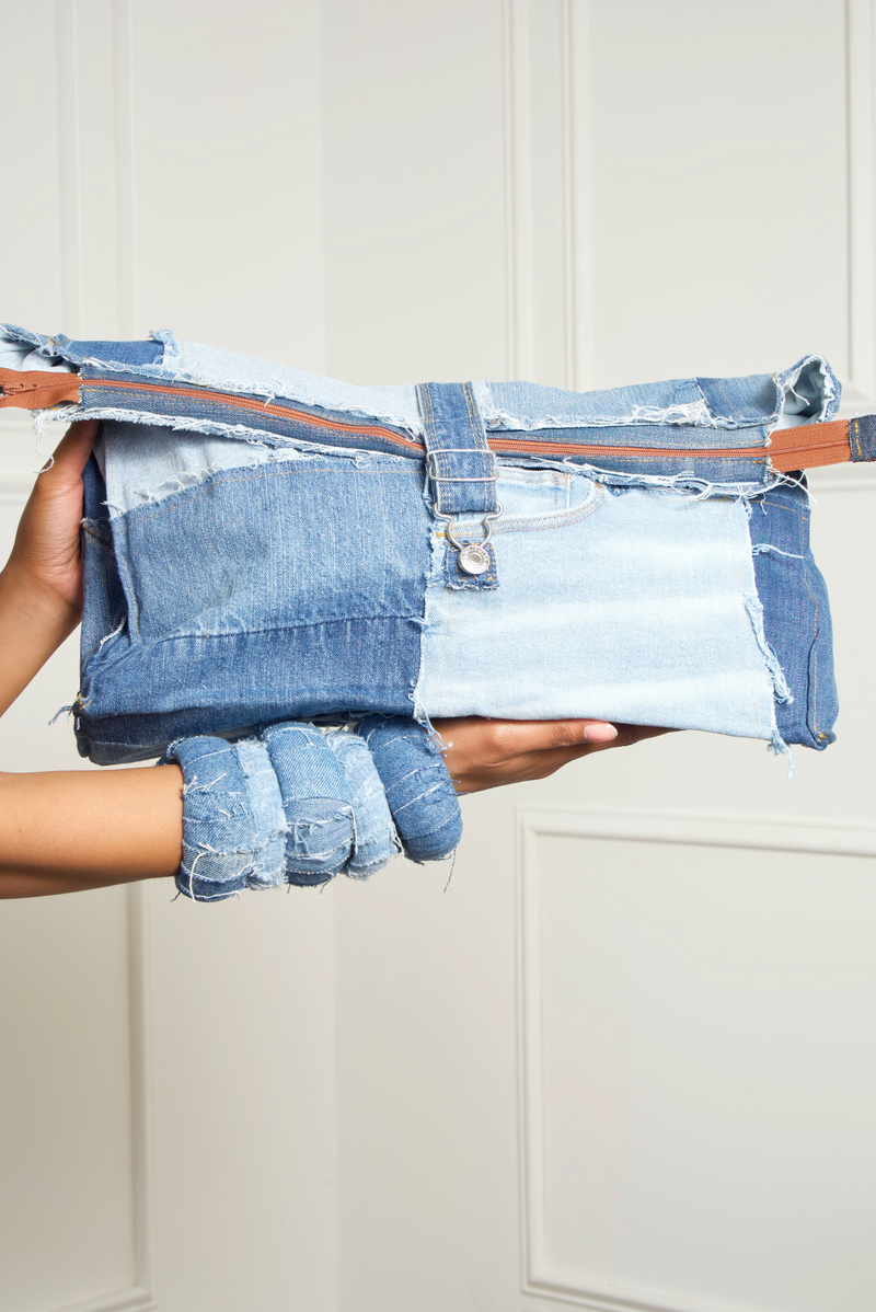 Denim patchwork Dungaree hook oversized Clutch