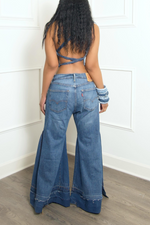 Blue Oversized Denim Wide Leg Bell bottom Jeans (M-Stretchy)