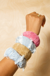 Bumble gum pink/tan light Denim distressed 100% Genuine leather Suede 4 stack bangles