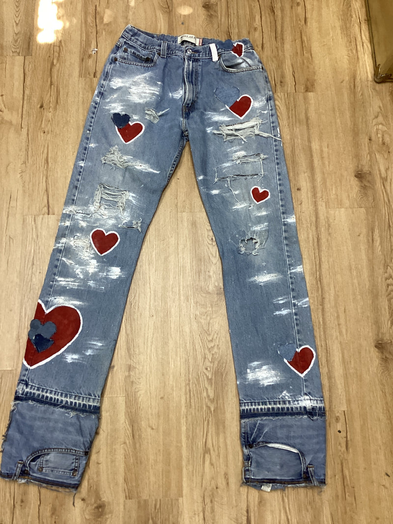 Denim Queen of hearts white painted distressed jeans