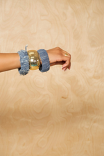 Tan Dark Denim distressed gold 3 bangles stack