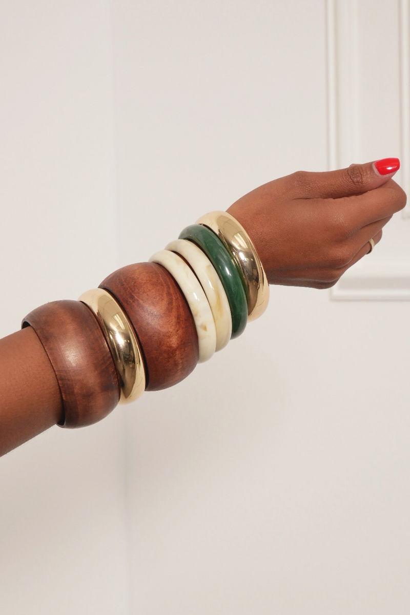 Brown Wooden Green Cream Gold 7 Stacked Bangles Bracelets
