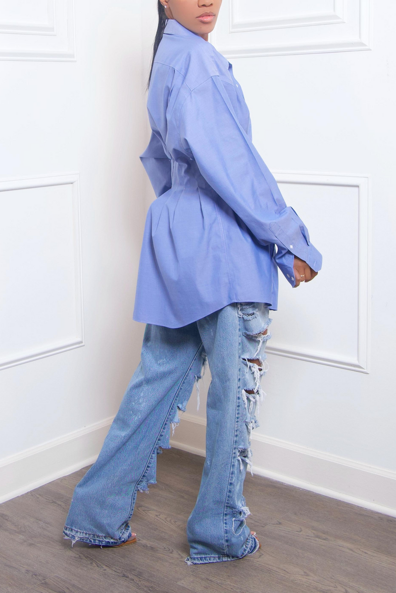 Ocean Blue pleaded Cutout Shirt Dress