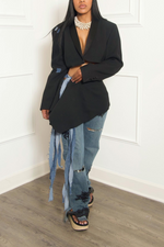 Classic Black Patchwork Vintage Two piece suit Denim fringe (M)