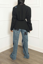 Classic Black Patchwork Vintage Two piece suit Denim fringe (M)
