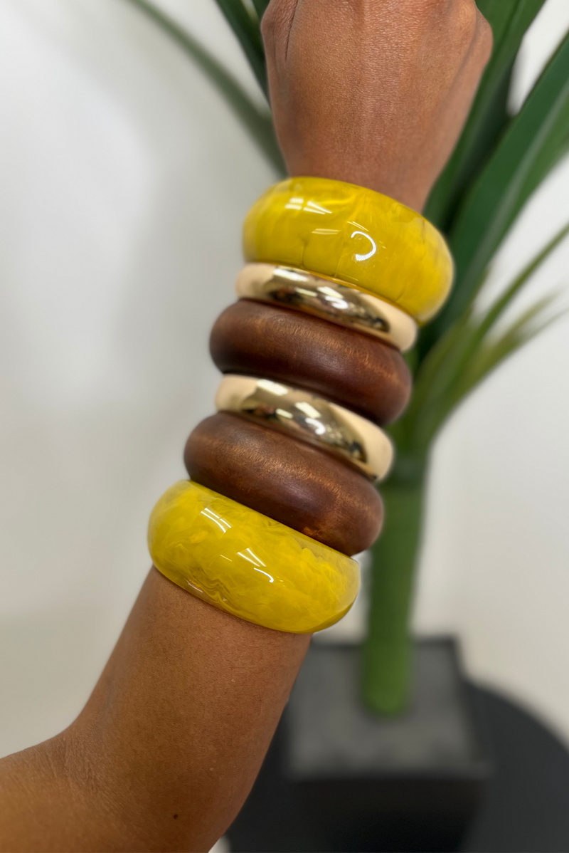 Yellow, gold Melanin Brown 6 Stacked Bangles Bracelets