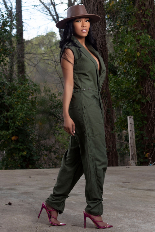 Green Velcro vintage sleeveless Army  jumpsuit