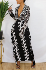 *Sample Black and white sheer abstract line ruffle  plunge blouse (S/M)