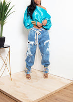 Long oversized sleeves Turquoise crop blouse