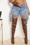 Distressed Denim fringe short shorts