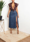 Brown sleeveless floral 100% silk crinkle ruffle plunge blouse (L/XL) FINAL SALE