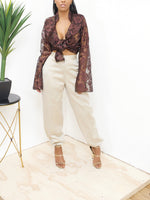 Brown floral 100% silk crinkle ruffle plunge blouse- FINAL SALE