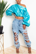 Long oversized sleeves Turquoise crop blouse