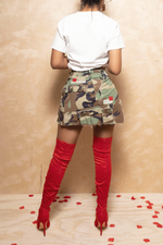 Army fatigue red leather feature Woodland Camo Wrap Split mini skirt