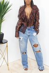 Brown floral 100% silk crinkle ruffle plunge blouse- FINAL SALE