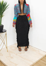 Black floral print Long Fringe Skirt- FINAL SALE