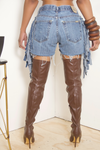 Distressed Denim fringe short shorts